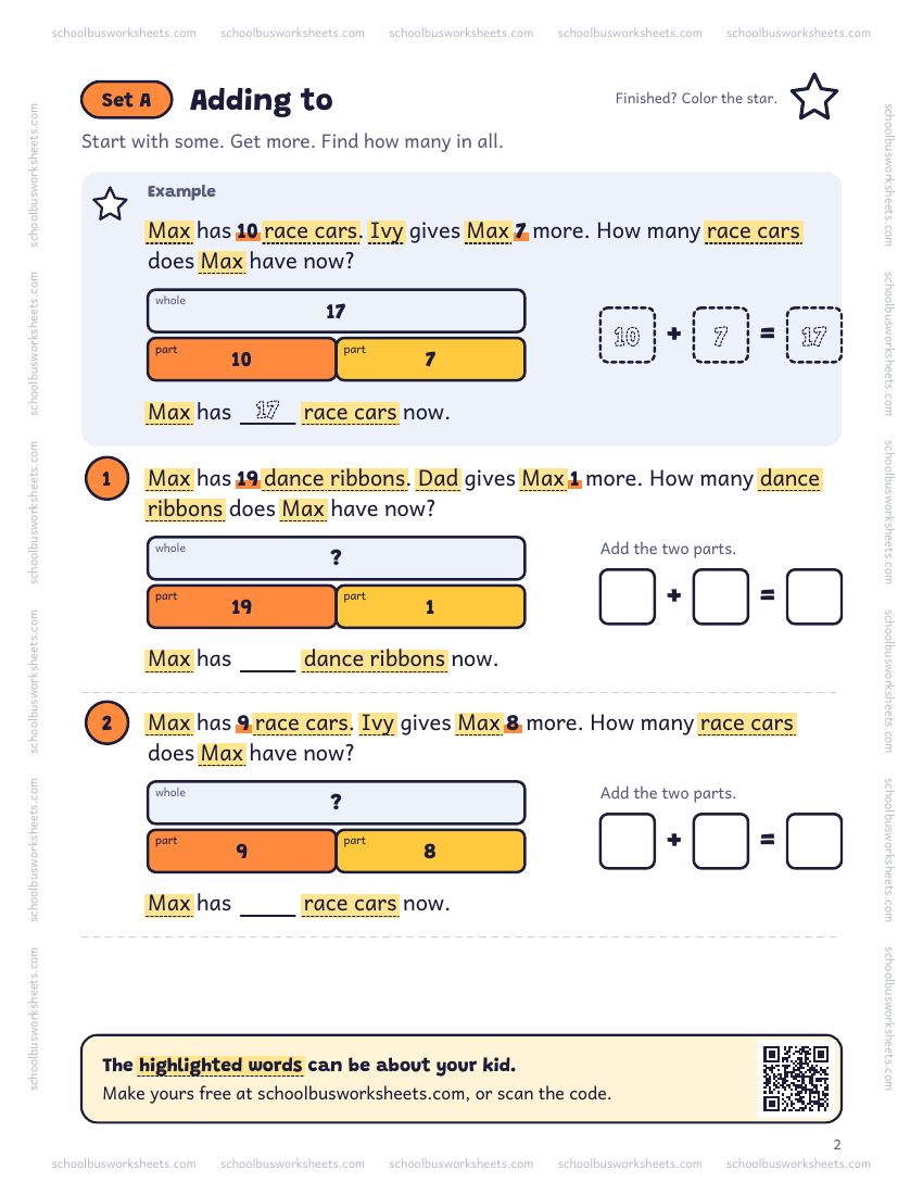 Page 2 of the worksheet. Set A, Adding to. A solved example and 4 questions about Max, with pictures to count and boxes for the answers.