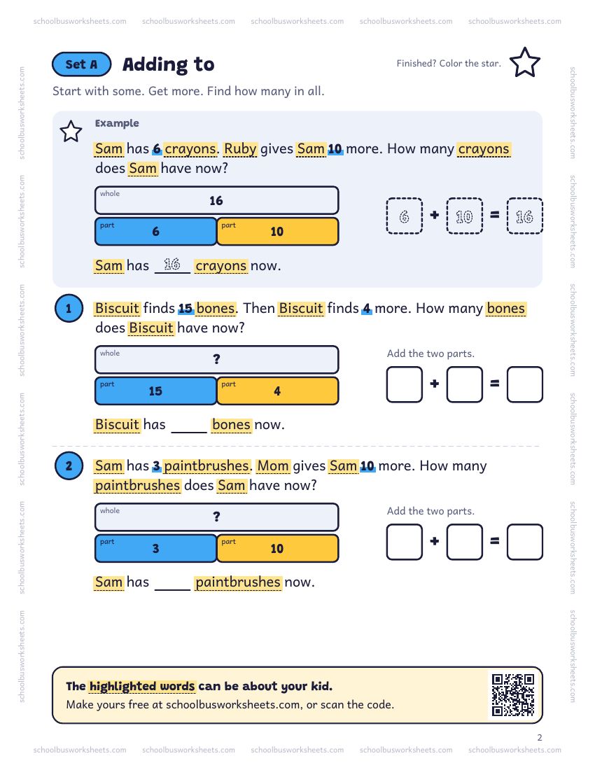 Page 2 of the worksheet. Set A, Adding to. A solved example and 2 questions about Sam, with pictures to count and boxes for the answers.