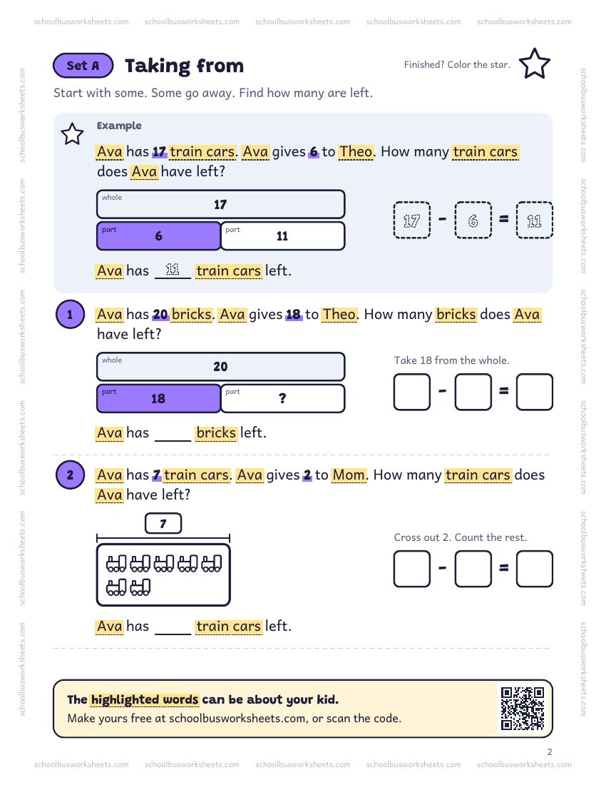 Page 2 of the worksheet. Set A, Taking from. A solved example and 5 questions about Ava, with pictures to count and boxes for the answers.