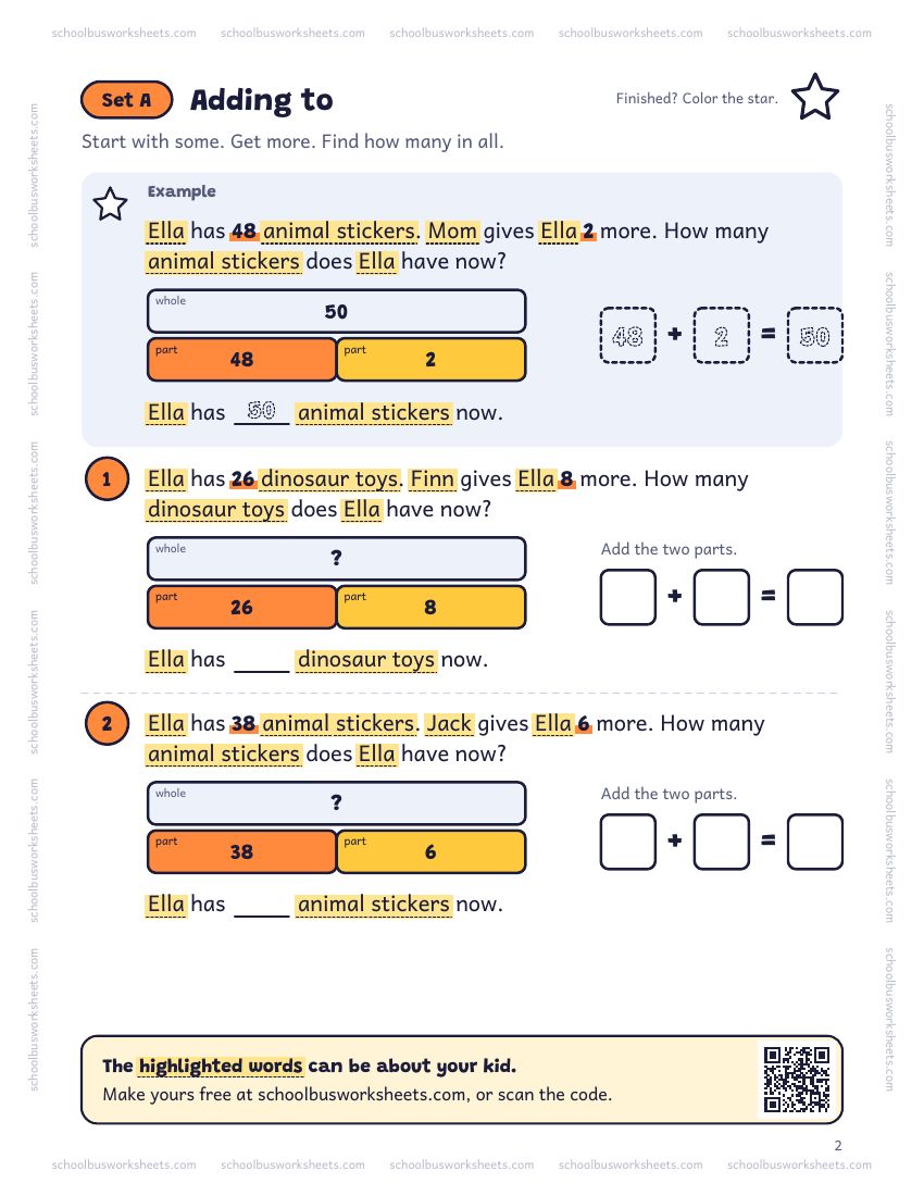 Page 2 of the worksheet. Set A, Adding to. A solved example and 2 questions about Ella, with pictures to count and boxes for the answers.