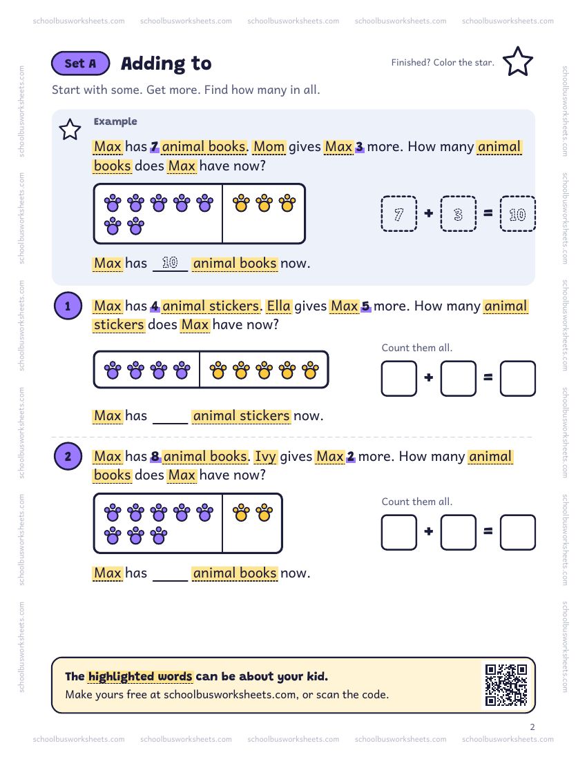 Page 2 of the worksheet. Set A, Adding to. A solved example and 2 questions about Max, with pictures to count and boxes for the answers.