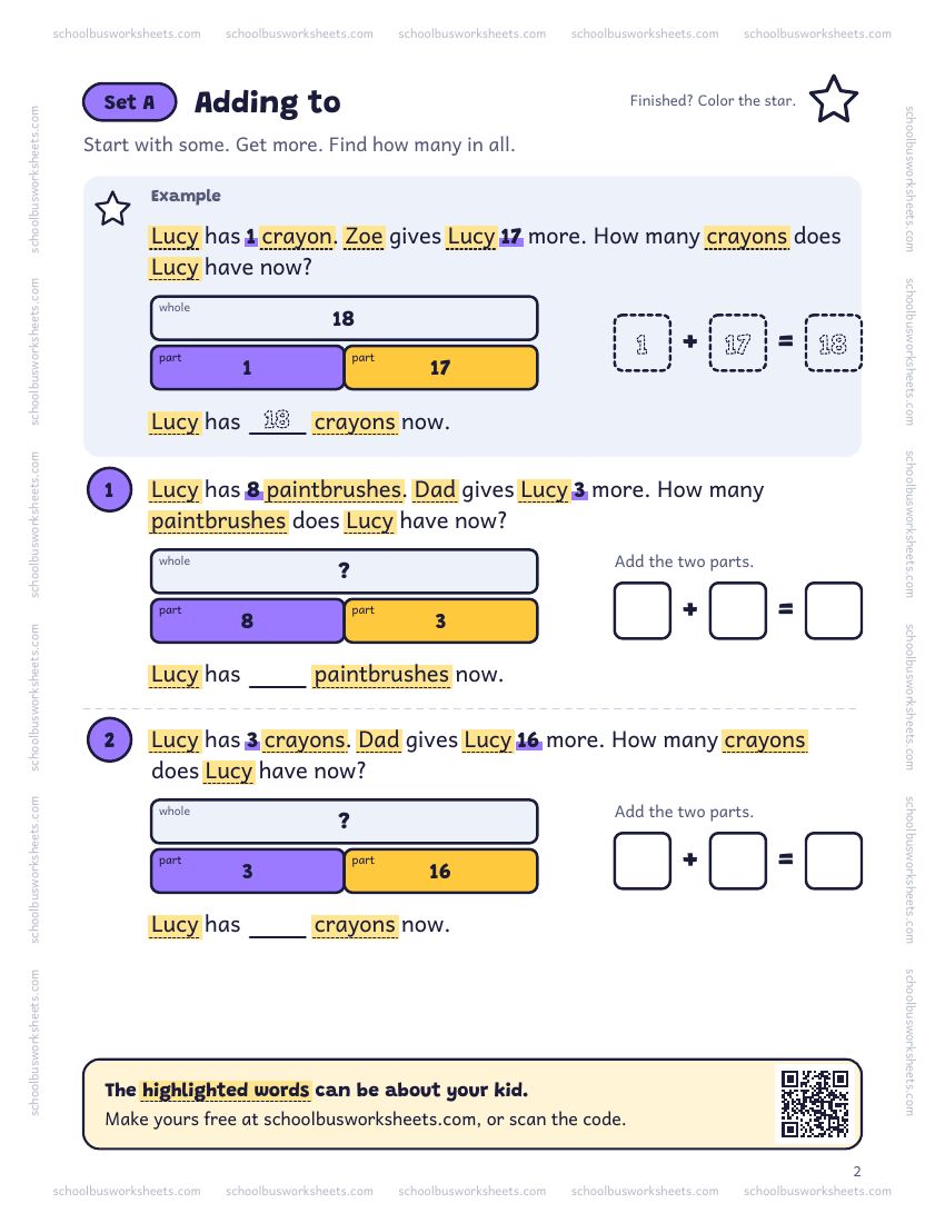 Page 2 of the worksheet. Set A, Adding to. A solved example and 2 questions about Lucy, with pictures to count and boxes for the answers.