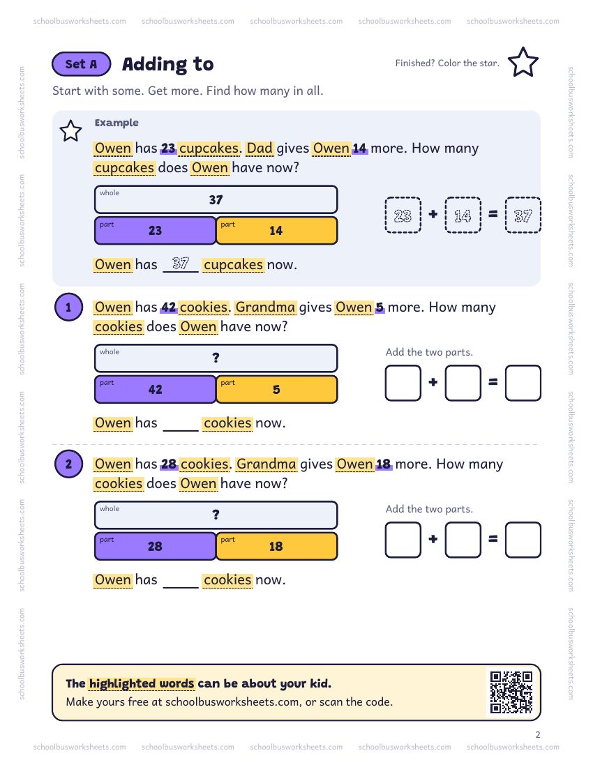 Page 2 of the worksheet. Set A, Adding to. A solved example and 2 questions about Owen, with pictures to count and boxes for the answers.