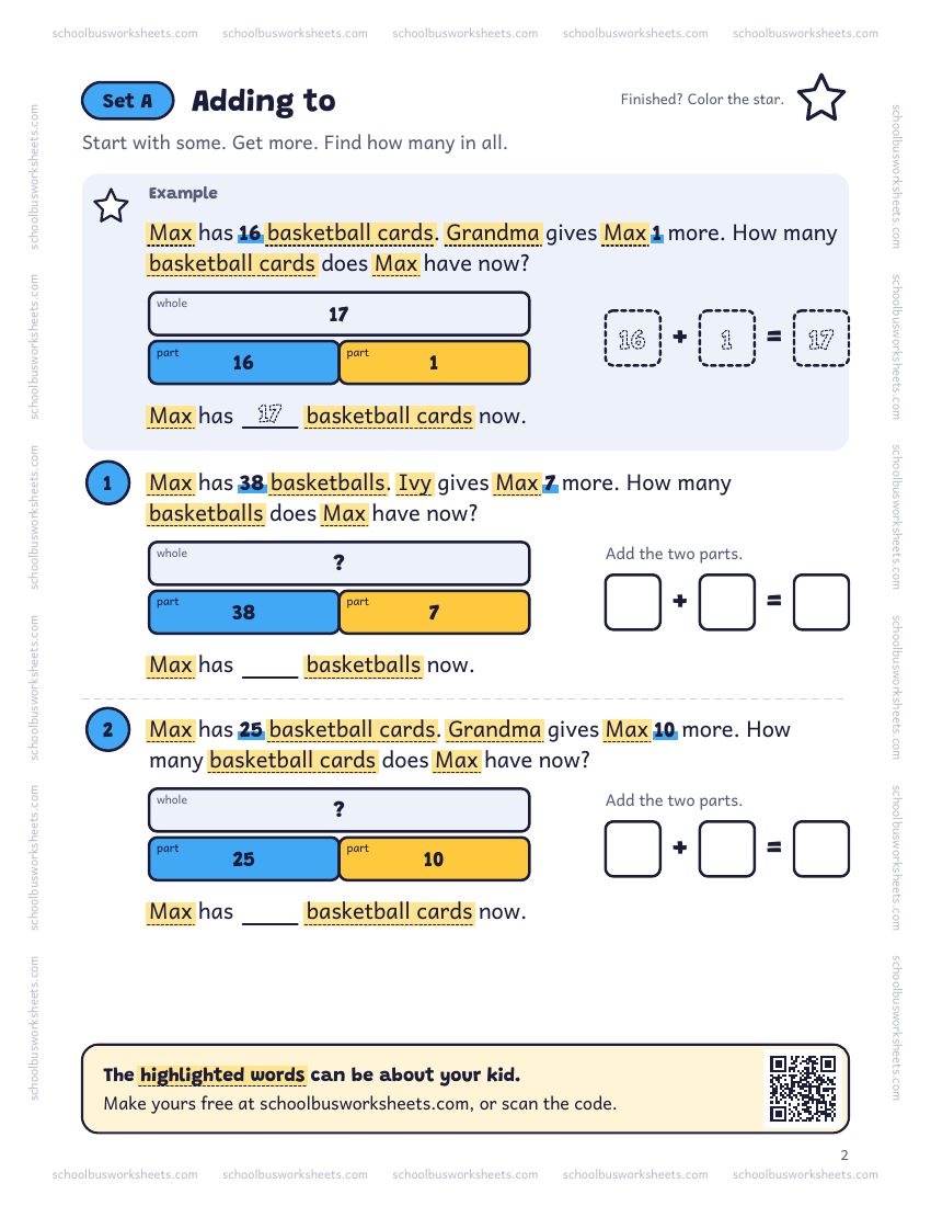 Page 2 of the worksheet. Set A, Adding to. A solved example and 2 questions about Max, with pictures to count and boxes for the answers.