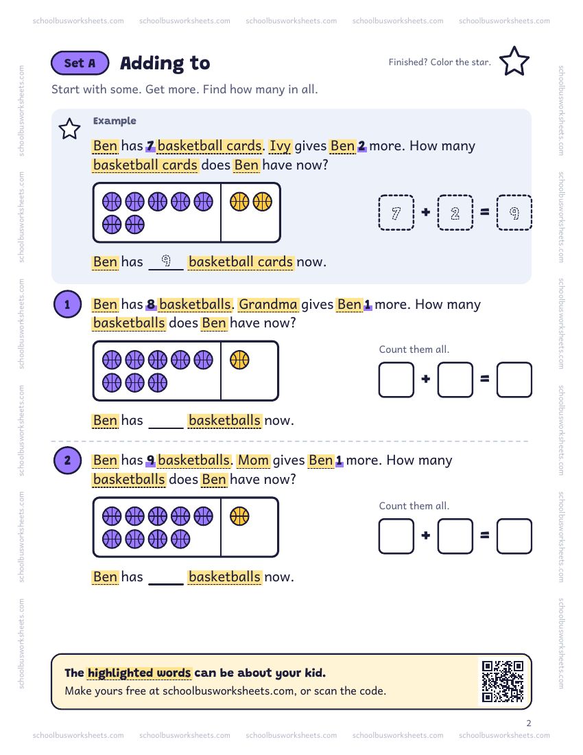 Page 2 of the worksheet. Set A, Adding to. A solved example and 2 questions about Ben, with pictures to count and boxes for the answers.