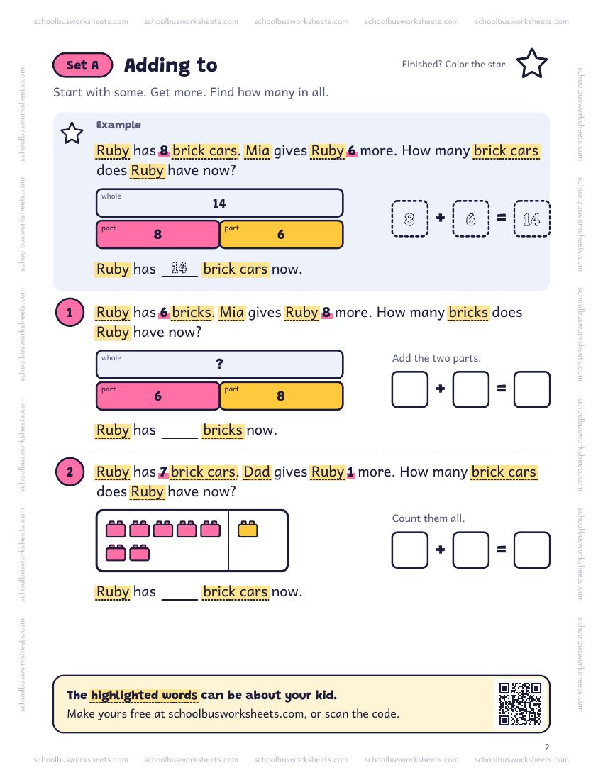 Page 2 of the worksheet. Set A, Adding to. A solved example and 2 questions about Ruby, with pictures to count and boxes for the answers.