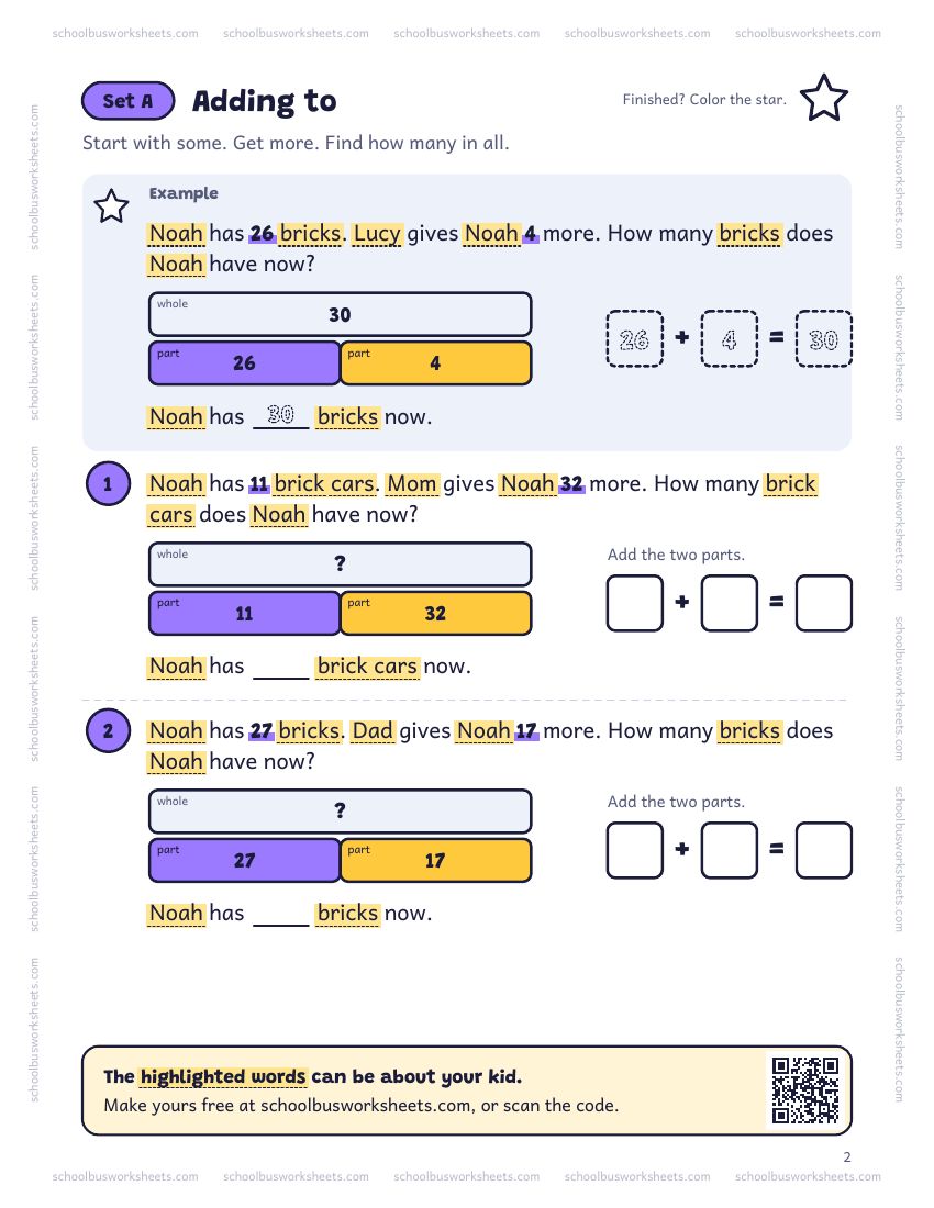 Page 2 of the worksheet. Set A, Adding to. A solved example and 2 questions about Noah, with pictures to count and boxes for the answers.