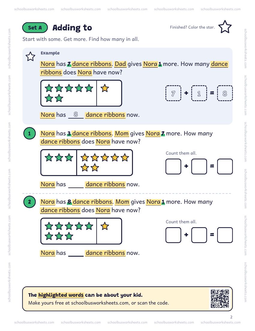 Page 2 of the worksheet. Set A, Adding to. A solved example and 2 questions about Nora, with pictures to count and boxes for the answers.