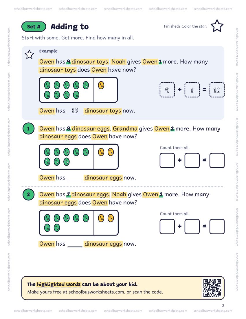 Page 2 of the worksheet. Set A, Adding to. A solved example and 2 questions about Owen, with pictures to count and boxes for the answers.