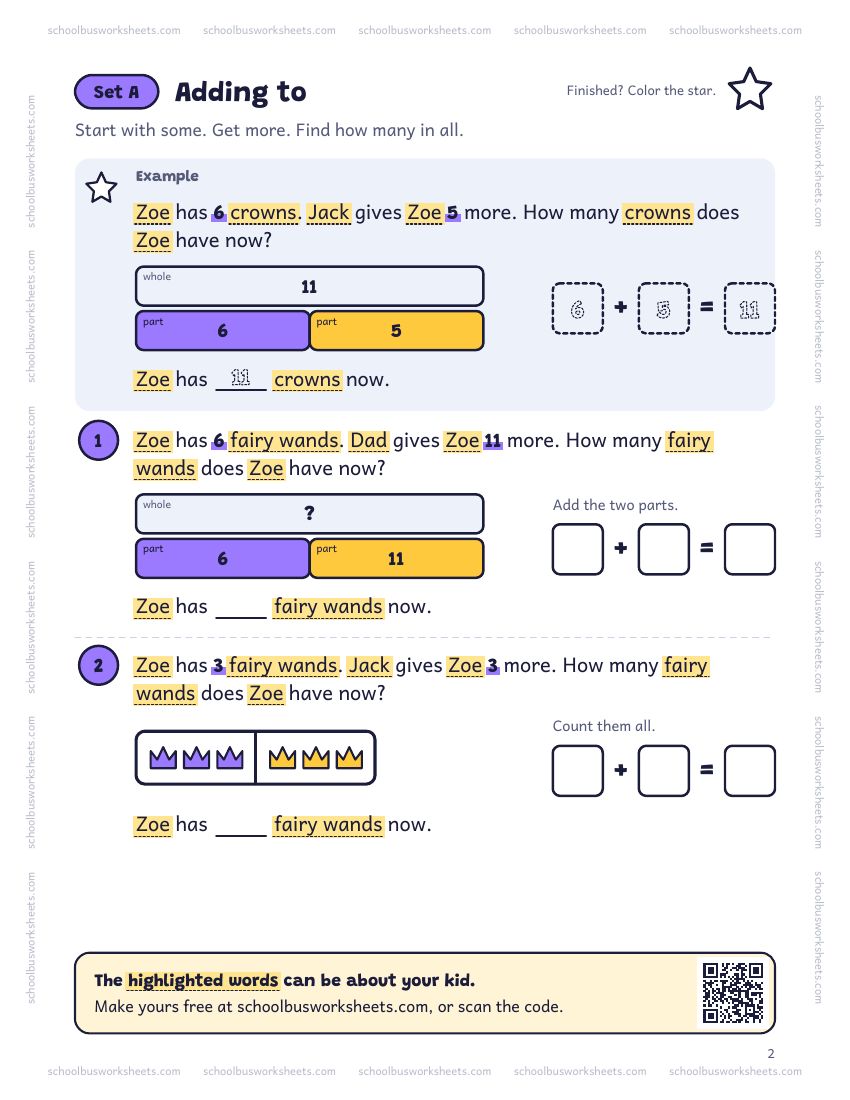 Page 2 of the worksheet. Set A, Adding to. A solved example and 2 questions about Zoe, with pictures to count and boxes for the answers.