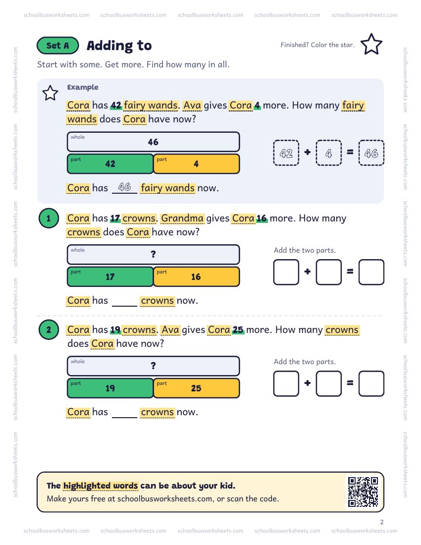 Page 2 of the worksheet. Set A, Adding to. A solved example and 2 questions about Cora, with pictures to count and boxes for the answers.
