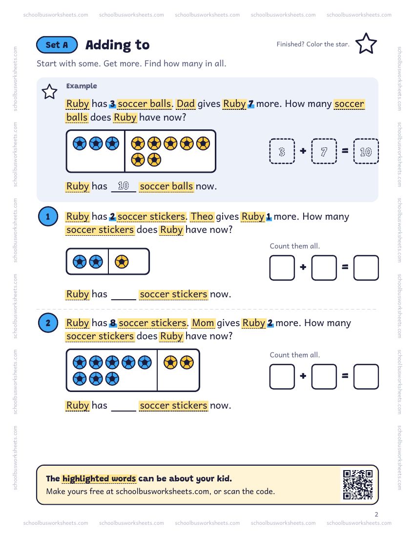 Page 2 of the worksheet. Set A, Adding to. A solved example and 2 questions about Ruby, with pictures to count and boxes for the answers.