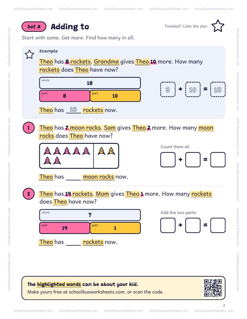 Page 2 of the worksheet. Set A, Adding to. A solved example and 2 questions about Theo, with pictures to count and boxes for the answers.