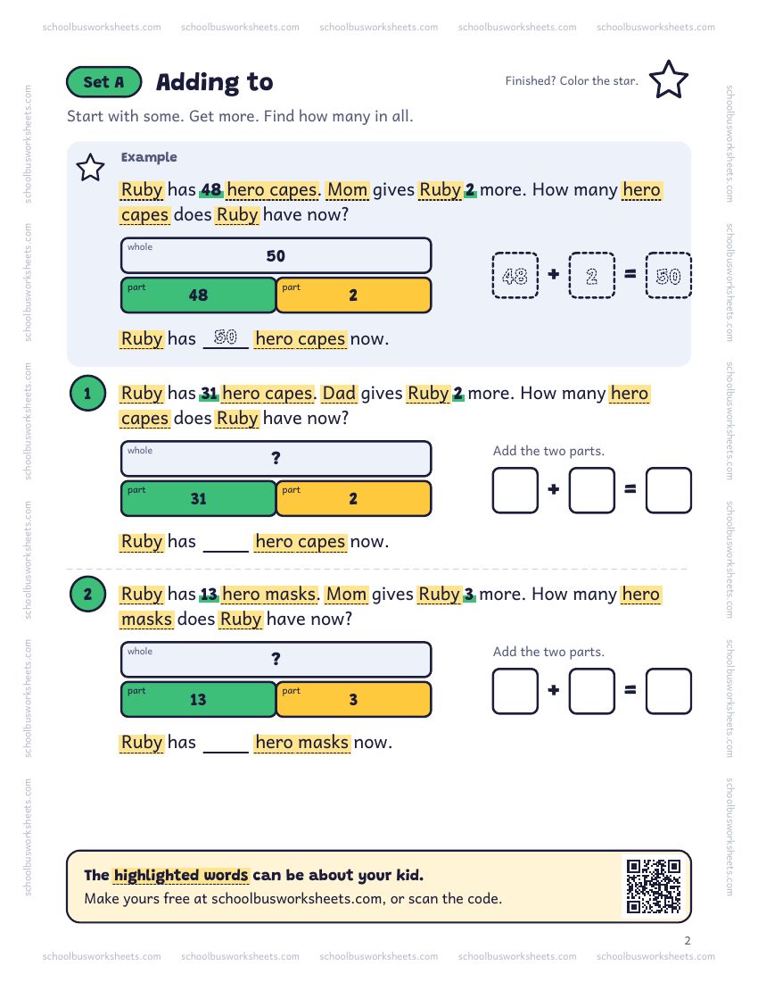 Page 2 of the worksheet. Set A, Adding to. A solved example and 2 questions about Ruby, with pictures to count and boxes for the answers.