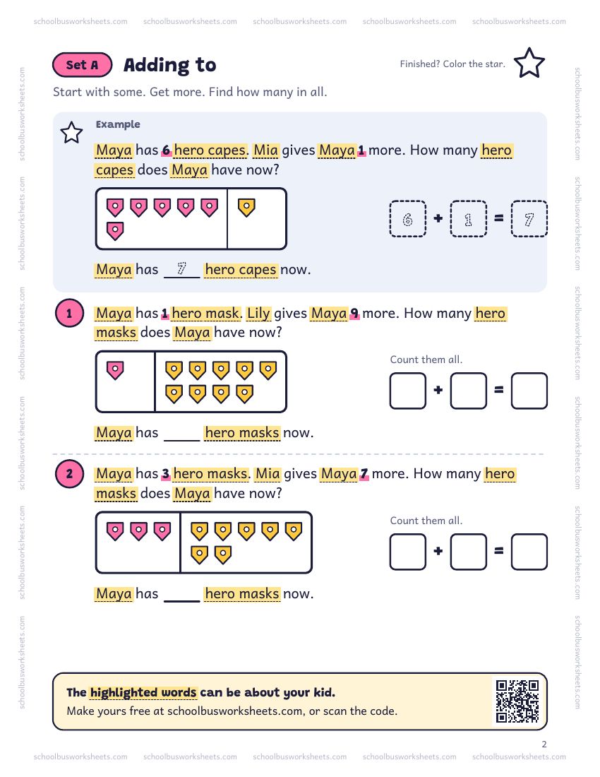 Page 2 of the worksheet. Set A, Adding to. A solved example and 2 questions about Maya, with pictures to count and boxes for the answers.
