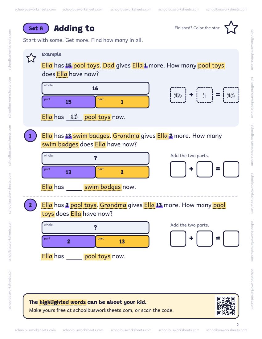 Page 2 of the worksheet. Set A, Adding to. A solved example and 2 questions about Ella, with pictures to count and boxes for the answers.