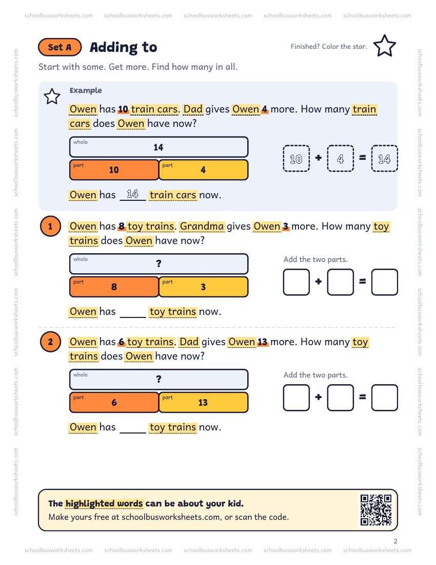 Page 2 of the worksheet. Set A, Adding to. A solved example and 2 questions about Owen, with pictures to count and boxes for the answers.
