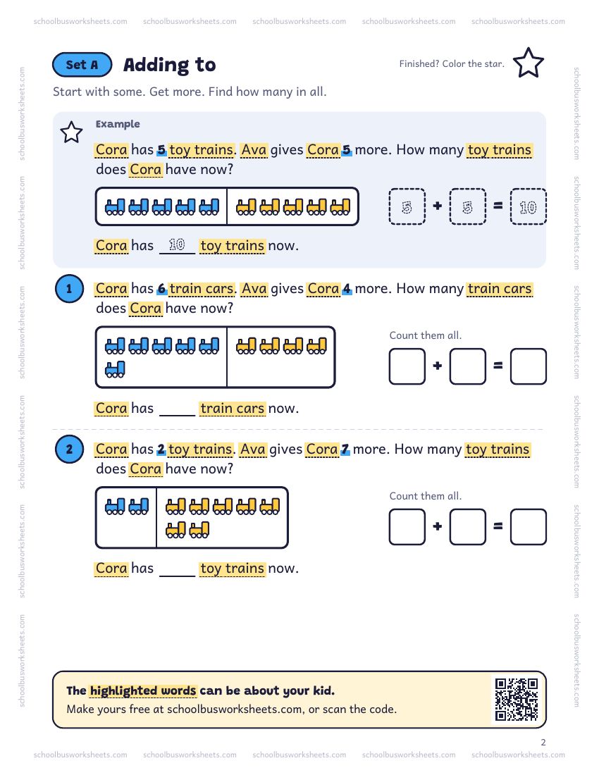 Page 2 of the worksheet. Set A, Adding to. A solved example and 2 questions about Cora, with pictures to count and boxes for the answers.