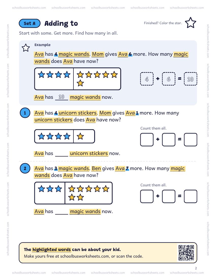 Page 2 of the worksheet. Set A, Adding to. A solved example and 2 questions about Ava, with pictures to count and boxes for the answers.