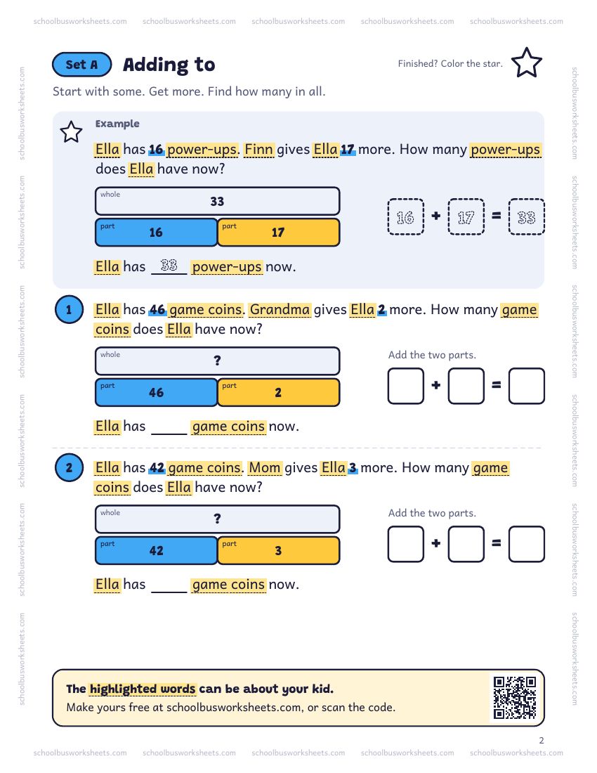 Page 2 of the worksheet. Set A, Adding to. A solved example and 2 questions about Ella, with pictures to count and boxes for the answers.